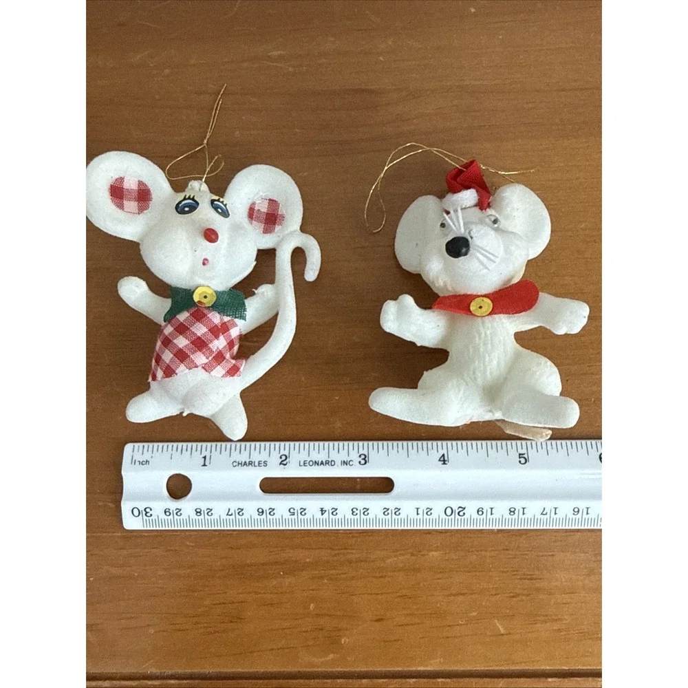 Pair Vintage Flocked White Christmas Mouse Ornaments Kitsch MCM